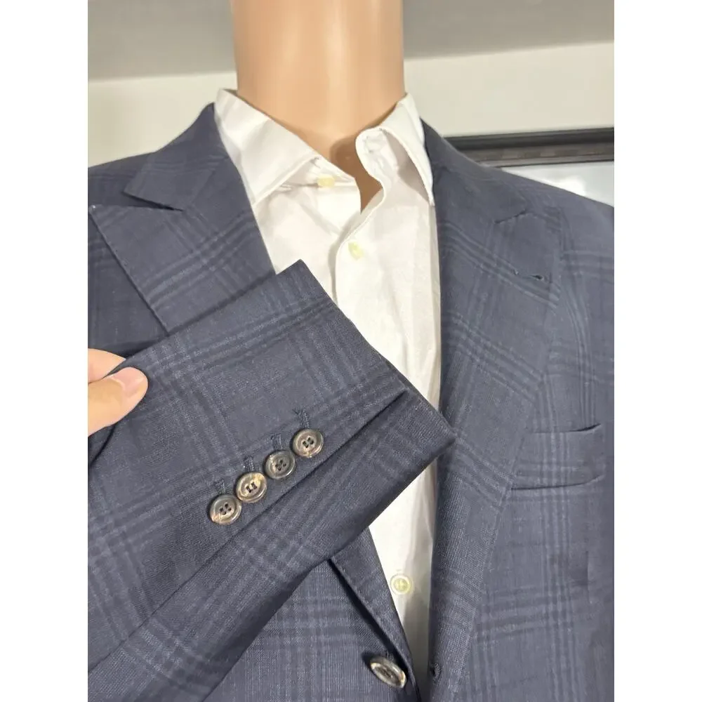 Brunello Cucinelli Navy Peak Lapel Wool Sportcoat Suit Jacket Blazer Plaid 54/44